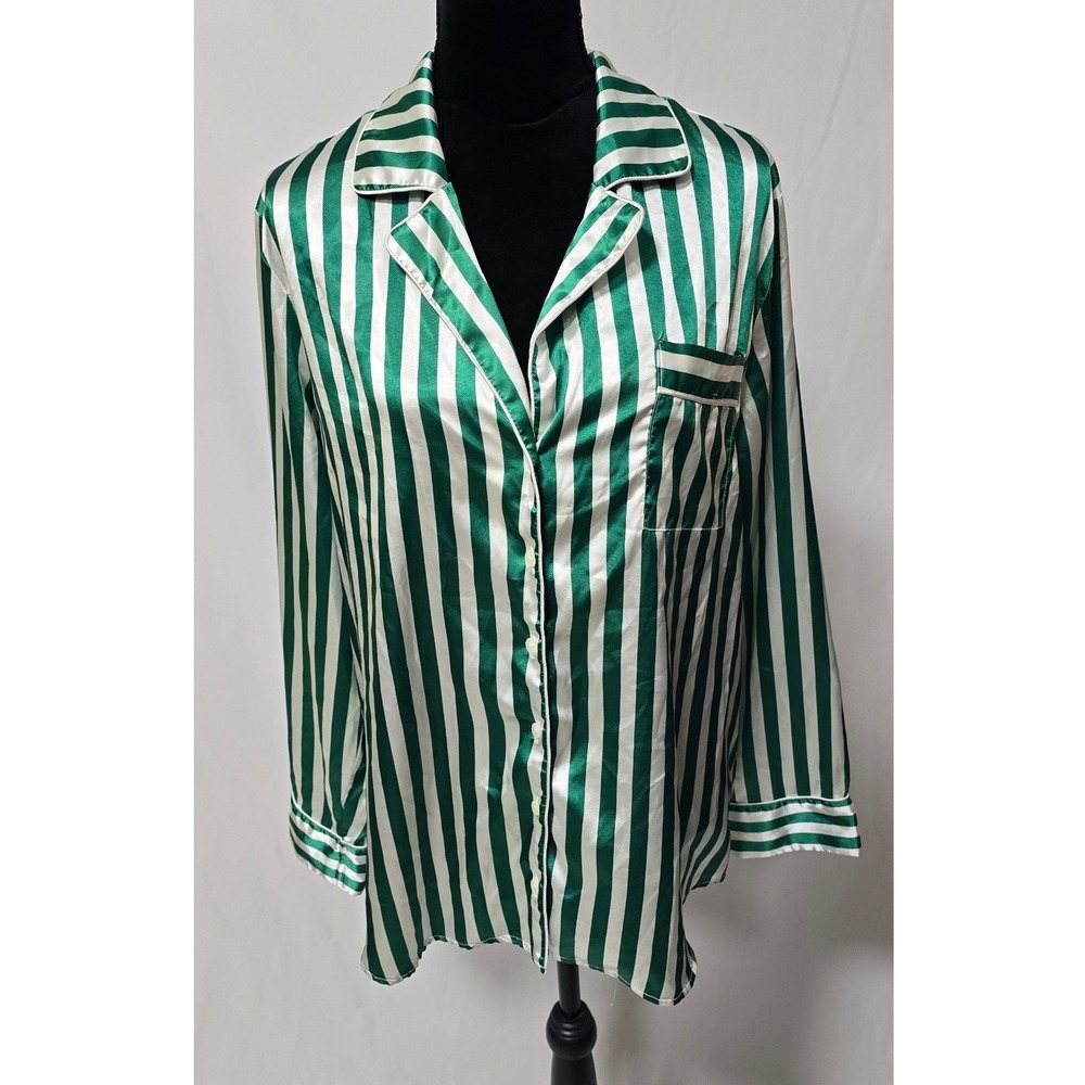 Show Me Your MuMu pajama shirt women S green white striped satin sleepwear